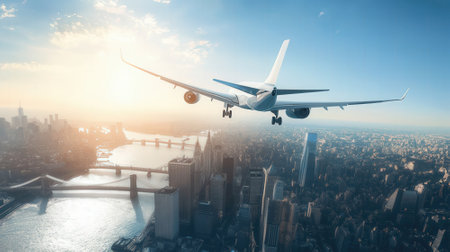 Airplane flying over the city. Business travel concept. 3D Renderingの素材