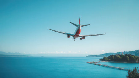 Airplane flying in the blue sky over the sea. Travel concept.の素材