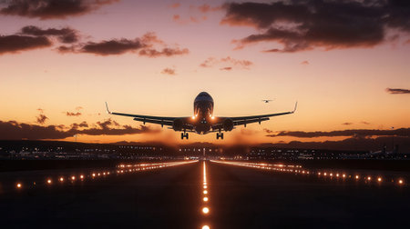 Airplane landing in the airport at sunset. Concept of travel.の素材