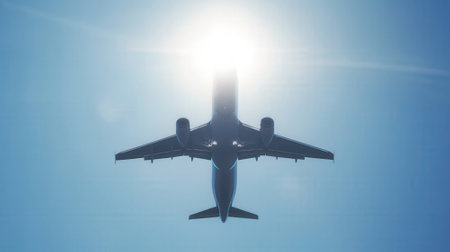 Airplane in the blue sky with sun rays. Travel concept.の素材