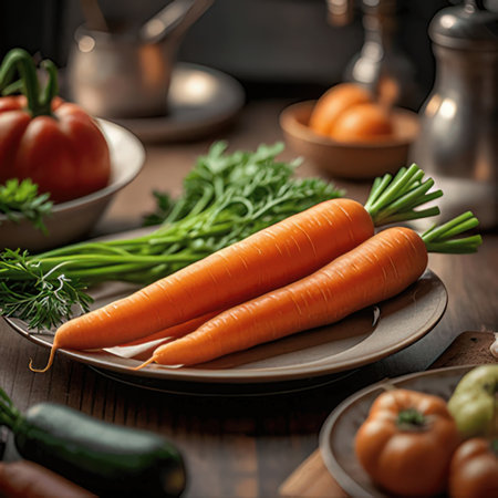 Carrots on a plate with fresh vegetables on a wooden table.の素材