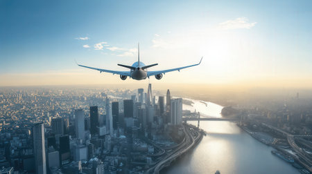 Airplane flying over the city. 3d render. Business travel conceptの素材