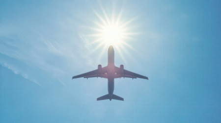 Airplane flying in the blue sky with sun rays. Travel concept.の素材