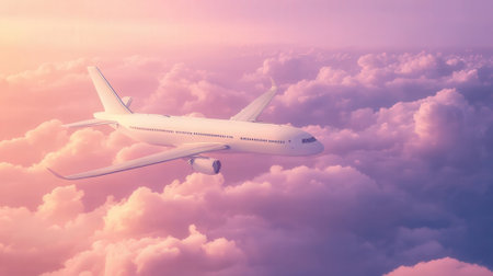 Airplane flying above clouds at sunset. Travel concept. 3D Renderingの素材