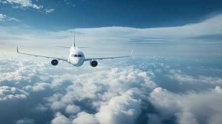 Commercial airplane flying above clouds in the blue sky. 3d renderingの素材