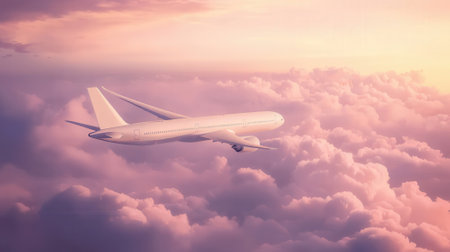 Airplane flying above clouds at sunset. 3d render illustration.の素材
