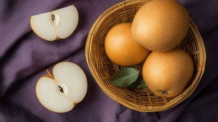Fresh pears in a basket on a purple background, top viewの素材