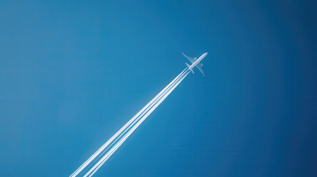 Airplane flying in the blue sky with white trace, travel conceptの素材