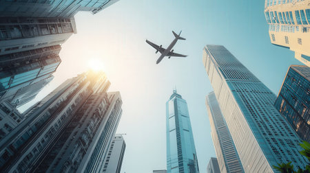 Airplane flying in the sky over skyscrapers. Business conceptの素材
