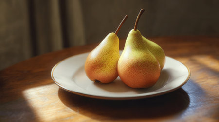 Three ripe pears on a white plate on a wooden table.の素材