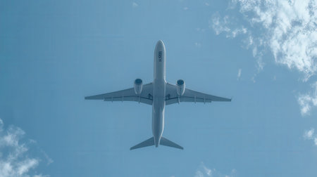Airplane flying in the blue sky. 3d render illustration.の素材