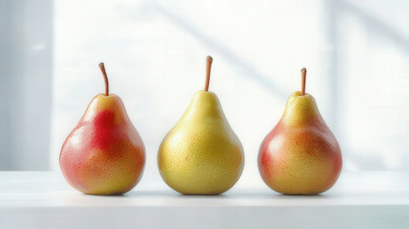 Three pears on a white shelf in front of a window.の素材