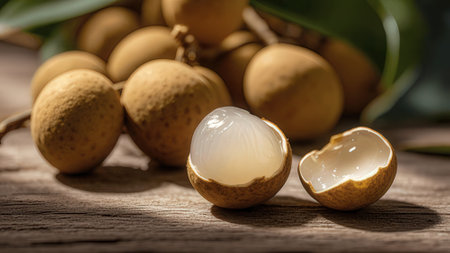 Longan fruit on wooden table. Longan is a tropical fruit.の素材