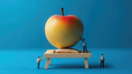 Miniature people: Worker standing on the big yellow apple on wooden table.の素材