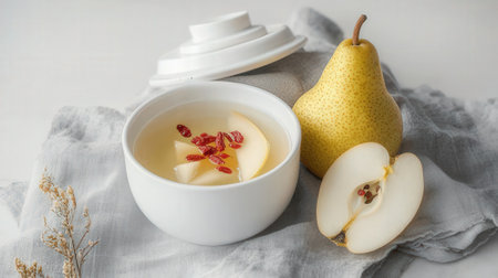 A bowl of pear soup with fresh pears on a white backgroundの素材