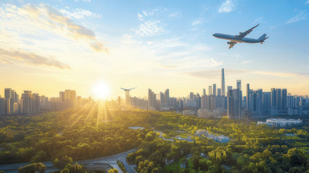 Aerial view of modern cityscape with airplane flying in blue sky.の素材
