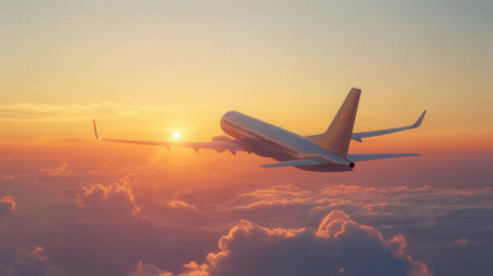 Airplane flying above the clouds at sunset. 3d render illustrationの素材