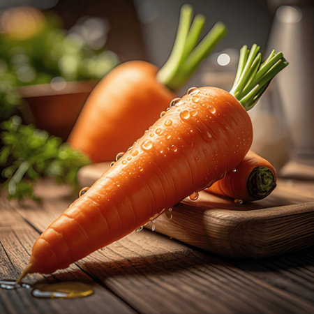Fresh carrots on a cutting board on a wooden table. Selective focus.の素材