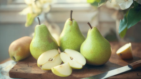 Ripe pears on a wooden cutting board. Selective focus.の素材