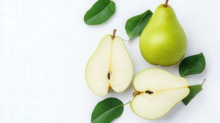 Fresh green pears with leaves on a white background, top viewの素材