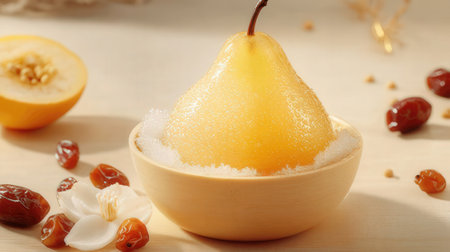 Pear and raisins in a wooden bowl on a light backgroundの素材