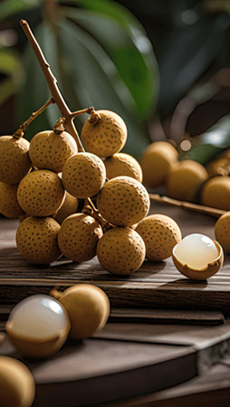 Fresh longan fruit on wooden table, closeup. Tropical fruitの素材