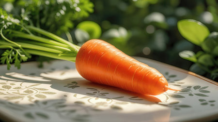 Carrot on a white plate in the garden. Selective focus.の素材