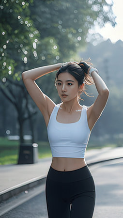 Young asian woman in sportswear jogging outdoors at morning.のeditorial素材