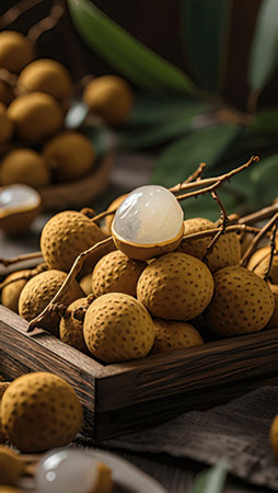 Fresh longan fruit in wooden tray on wooden table, closeupの素材