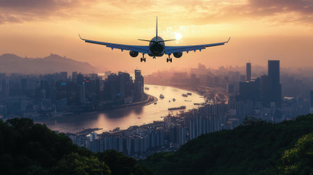 Airplane flying over the city at sunset. Travel and transport conceptの素材