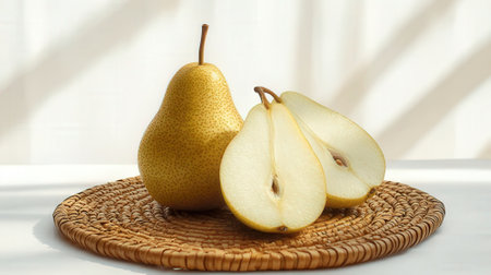 Ripe yellow pears on a wicker plate on a white backgroundの素材