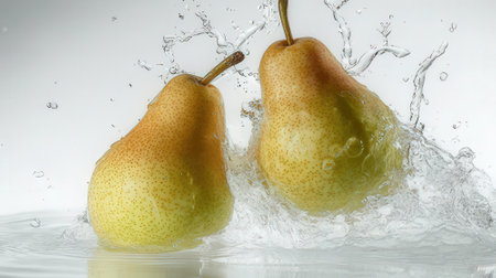 pears falling into water with splash on white background, studio shotの素材
