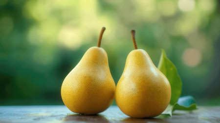 Ripe yellow pears on a wooden table in the garden.の素材