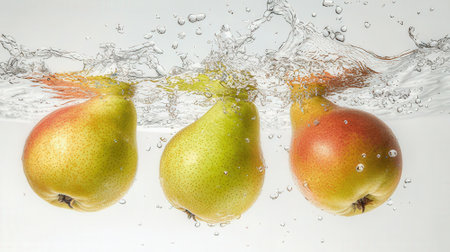 Pears splashing into water with bubbles on a white background.の素材