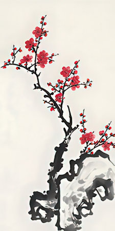 Chinese style painting of plum blossom, traditional painting on white backgroundの素材