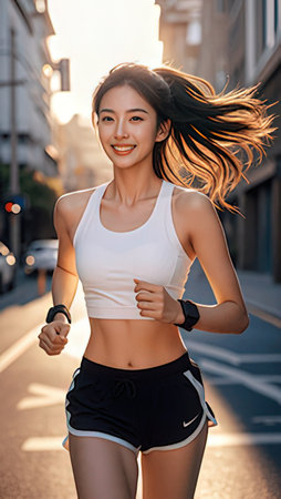 Young asian woman running in the city. Healthy lifestyle concept.のeditorial素材