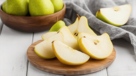 Ripe pears in wooden bowl on white table, closeupの素材