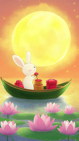 Happy Mid Autumn Festival with rabbit in boat and full moon background illustrationの素材