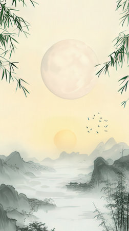 Chinese landscape with bamboo and full moon in the sky, 3d illustrationのeditorial素材