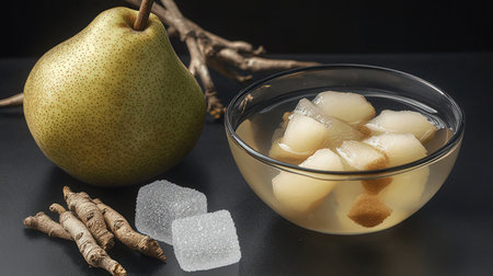 Ginger and pear with ice in glass bowl on black background.の素材