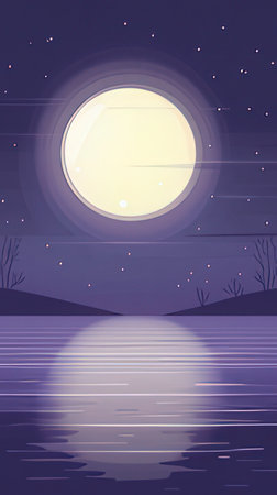 Night landscape with full moon and lake. Vector illustration for your designの素材