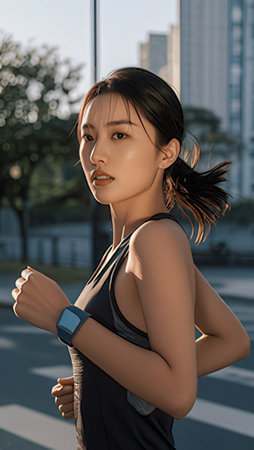 Sporty asian woman jogging in the city. Healthy lifestyle concept.のeditorial素材