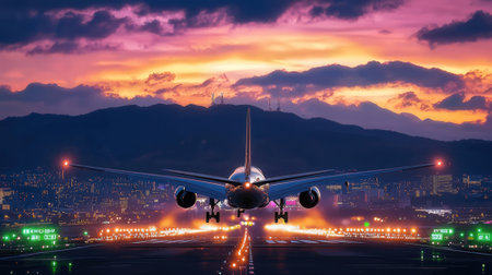 Airplane flying over the city at sunset time. 3D renderingの素材