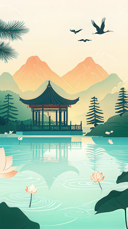 vector illustration of chinese pavilion on lake with lotus flowerの素材