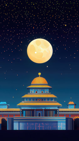 Night sky with full moon and mosque, vector illustration. Ramadan Kareem.の素材