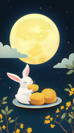 Mid Autumn Festival mooncake and rabbit with moon. Vector illustration.の素材