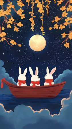 Illustration of three bunnies in a boat under the moonlightの素材