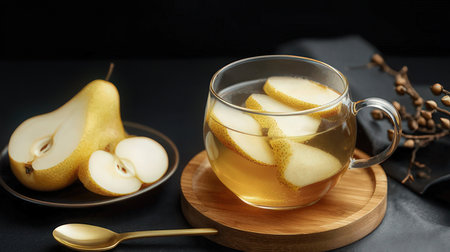 Glass cup of pear juice with fresh pears on a black backgroundの素材