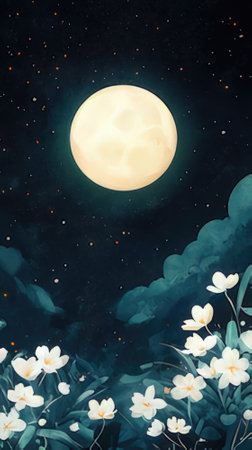 Watercolor illustration of night sky with full moon and white flowers.の素材