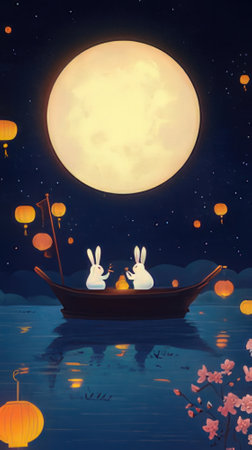Mid-Autumn Festival, Chinese lanterns and rabbit in boatの素材